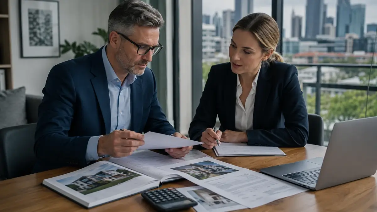 Accountant and property valuer reviewing CGT valuation documents for Victorian investment property Melbourne